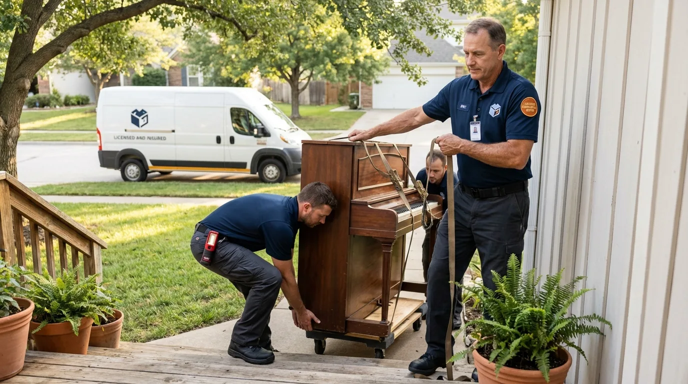 Licensed piano movers securing grand piano in Belmont, MS