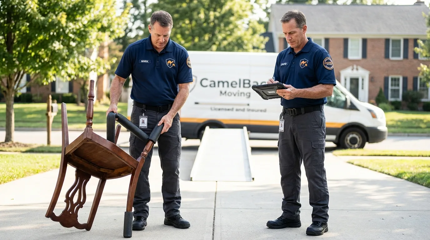 Movers inspecting furniture for damage prevention before loading in Belmont, MS