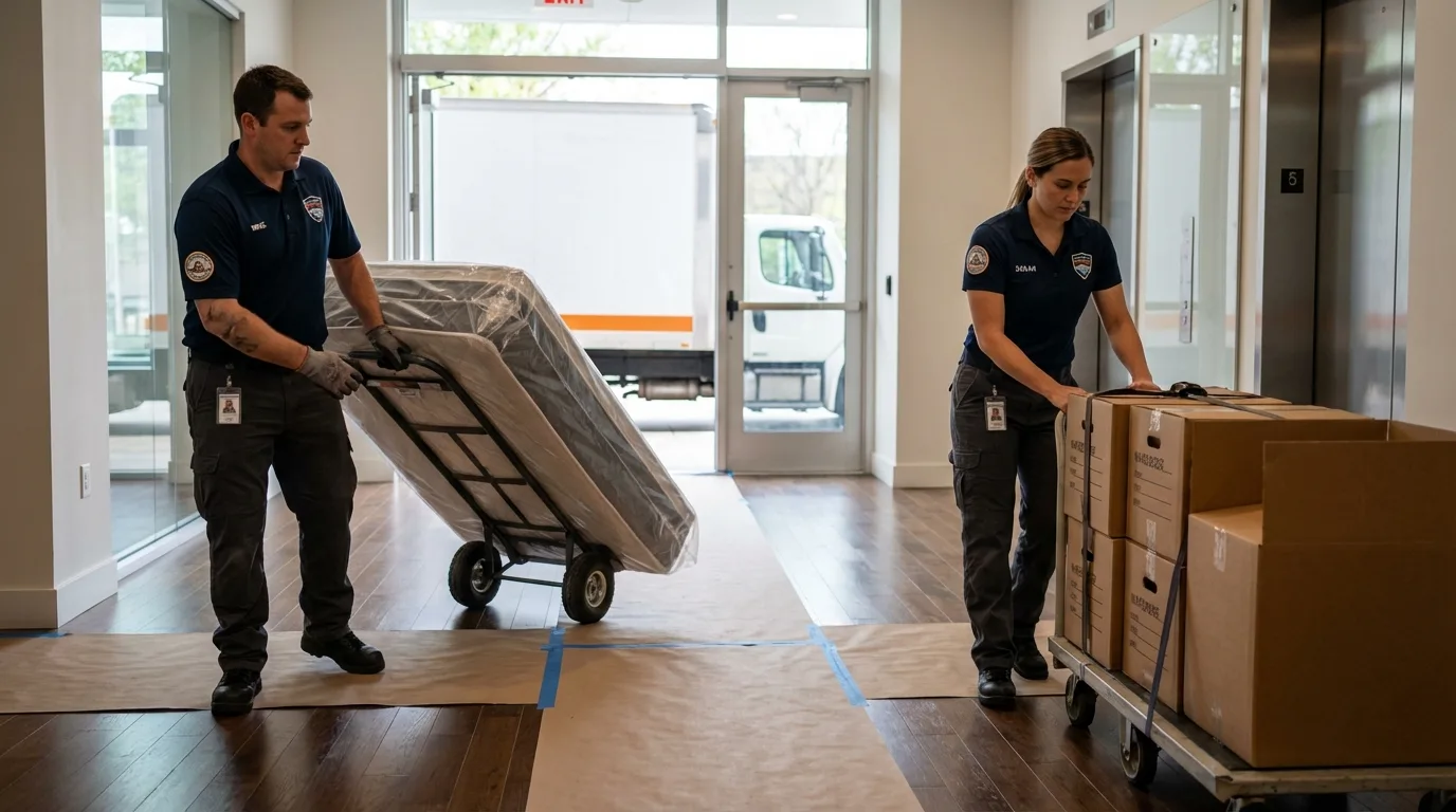 Professional apartment movers loading elevator in Belmont, MS